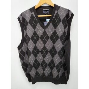 Club Room Sweater Vest Mens XL Black Gray Argyle Merino Wool New